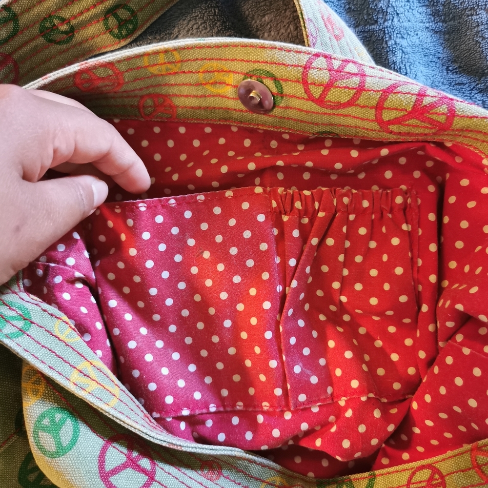 Bungalow 360 green peace sign and red polka dot shoulder bag